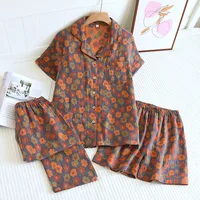 2026 New Spring/Summer Pajamas Three Piece Set Thin 100%Cotton Crepe Ladies Short Sleeves+Shorts+Pants Flip Collar Home Suit Set - Image 3