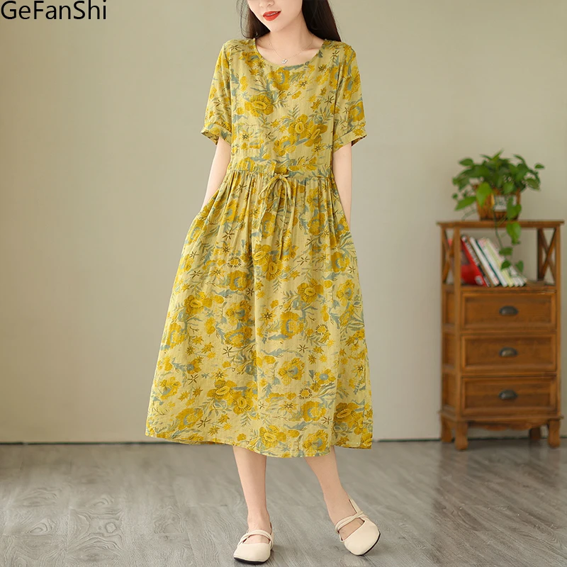 

New Summer Print Vintage Short Sleeve Vintage Cotton Linen Midi Dress Women Loose Casual Dresses Robe Ladies Elegant Clothing