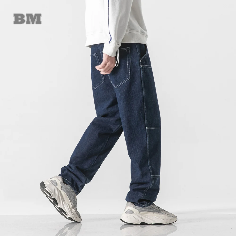 

Spring 2022 Japanese Streetwear Straight Jeans Loose Casual Cargo Pants Harajuku High Quality Blue Denim Trousers Men Clothing