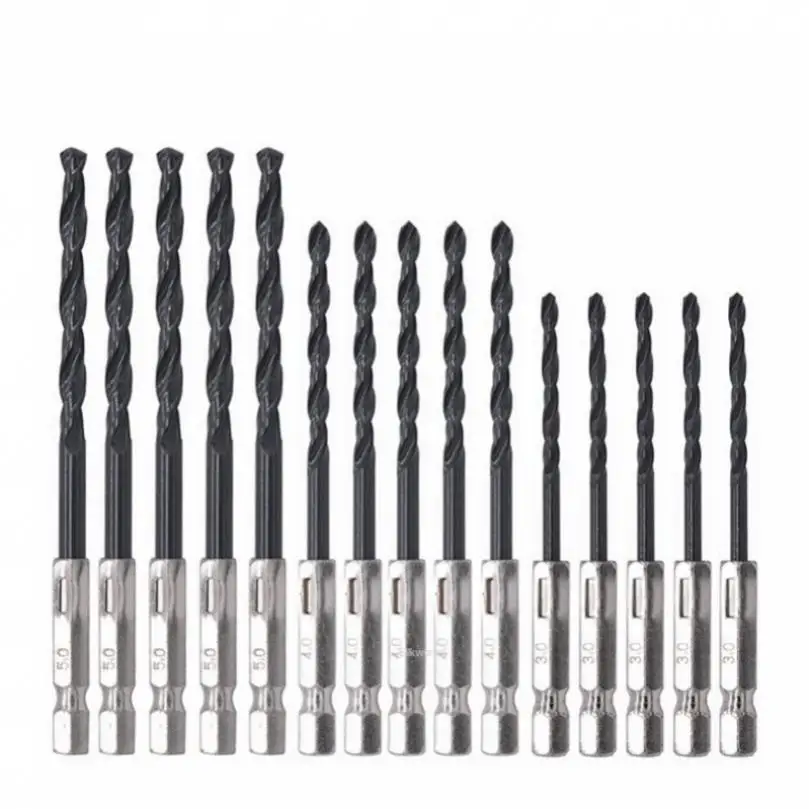 15pcs HSS Hex Shank Twist Drill Bit Set for Drilling Tool, 3/4/5mm