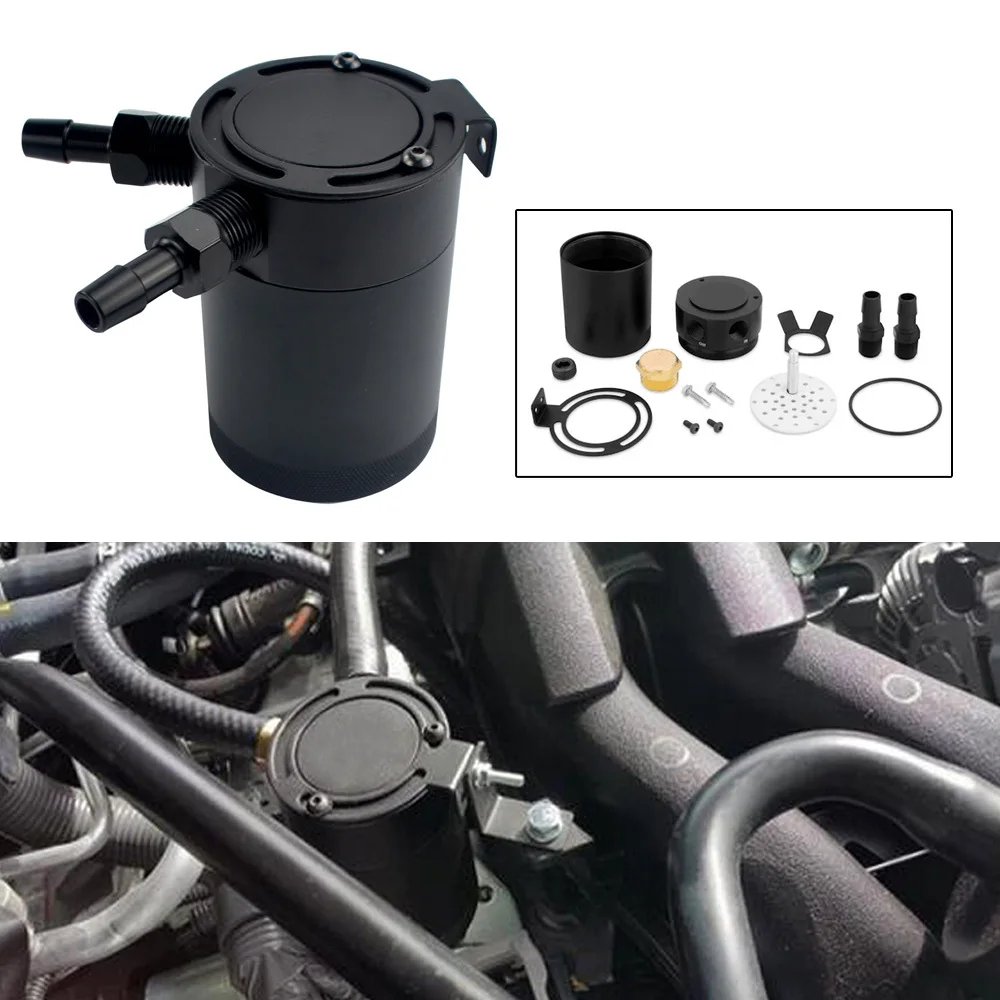 Compact Baffled 2-Port Aluminum Oil Catch Reservoir Can Tank Black Universal