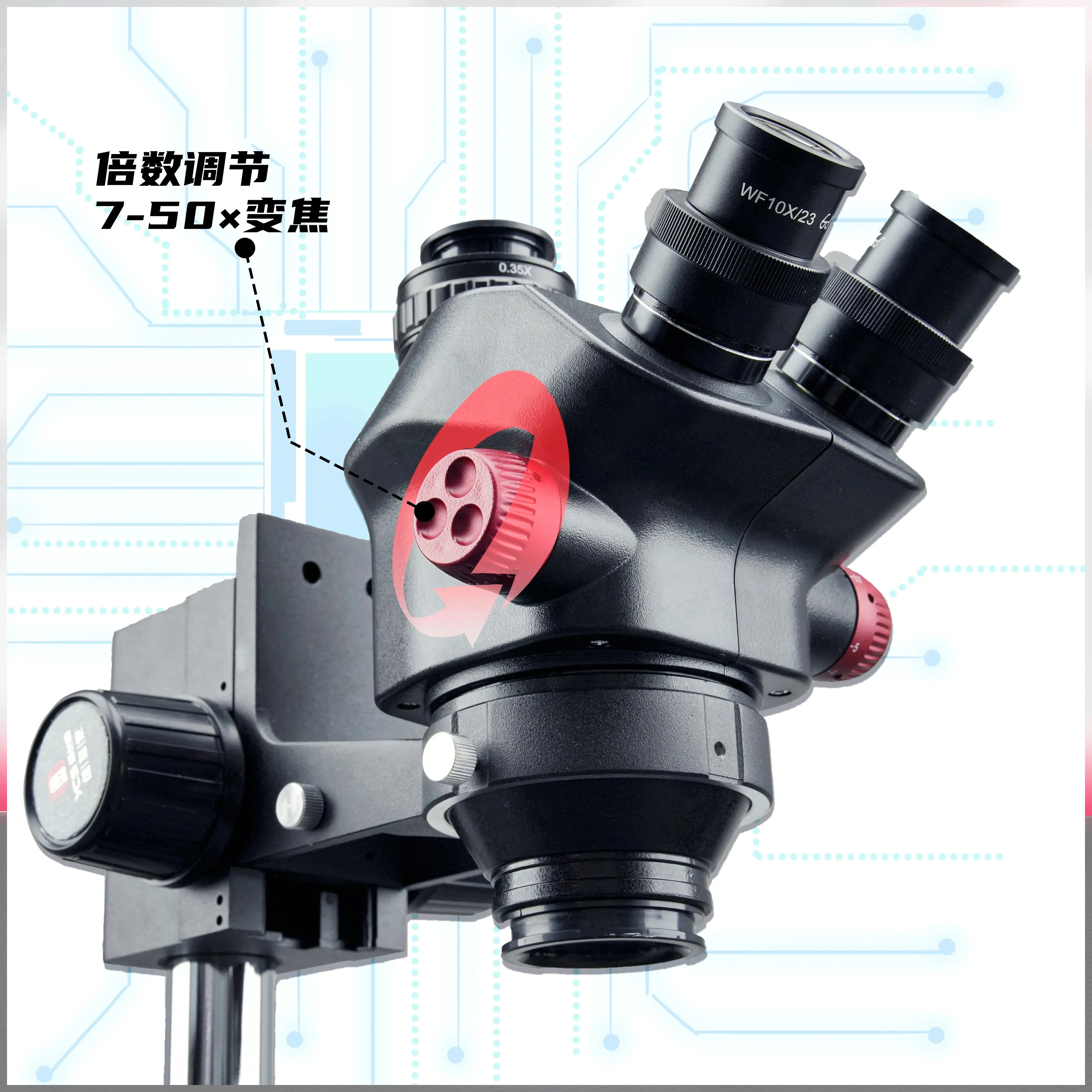 YCS 7050X Trinocular Microscope with Extra Large Base 6.5-58 Zoom