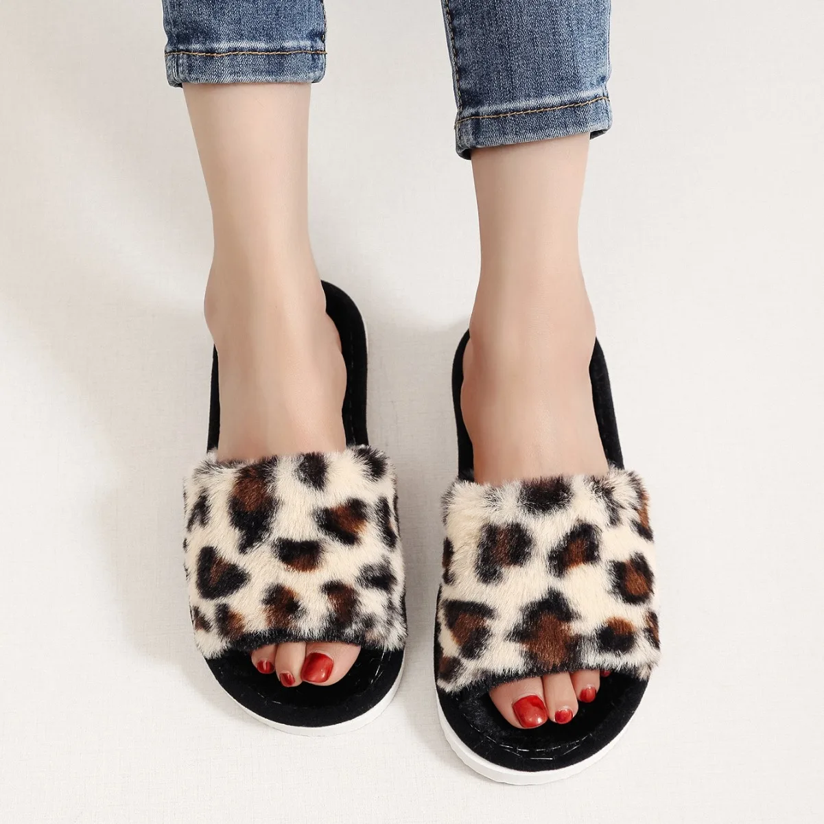Autumn Winter Leopard Print Slippers Women's Fashion Plush Fur Slides Home Flip Flops Indoor Warm EVA Anti Slip Living Room Shoe 5