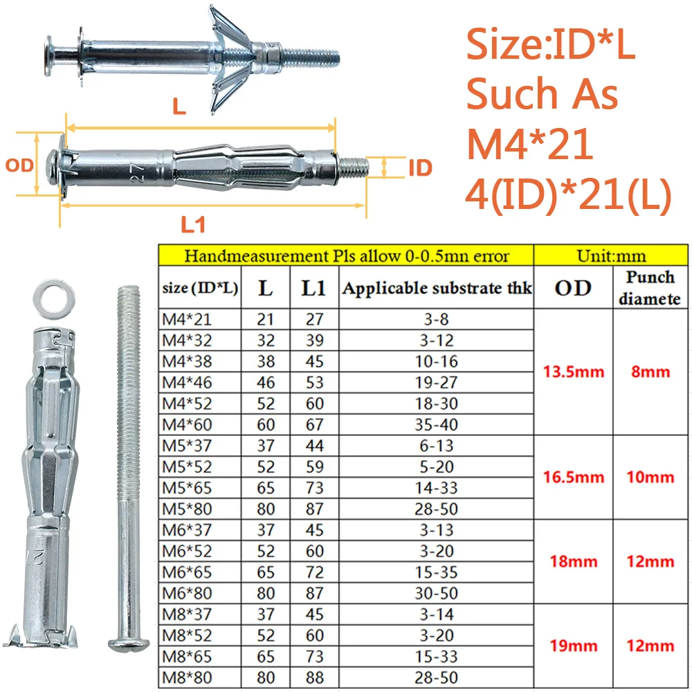 M4 M5 M6 M8 Wall Screw Fix Gypsum Board Expansion Screw Aircraft Tube Pipe Hollow Wall Anchors Gypsum Board Expansion hexagon bolt screw