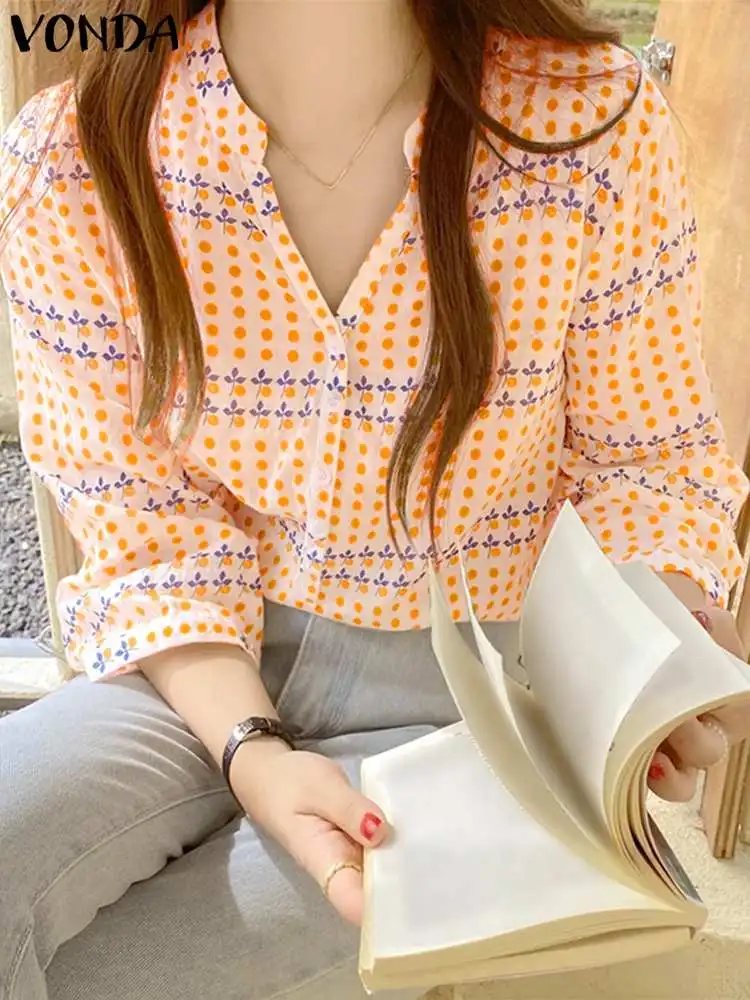 VONDA 2024 여름 여성 셔츠, 긴팔 블라우스, 캐주얼 패션, 루즈 V넥 버튼 탑, 보헤미안 프린트 블라우스