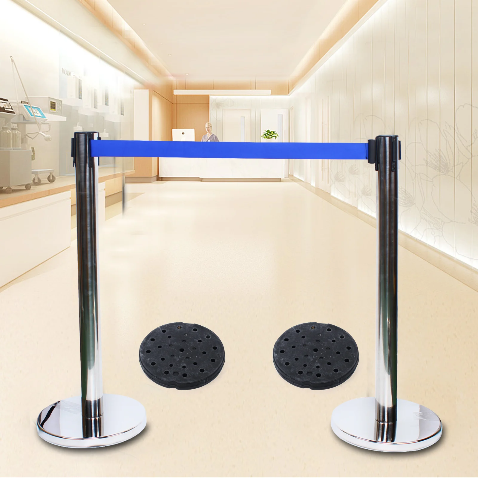 

6* Stanchion Posts Queue Pole Retractable 6in1 Blue Belt Crowd Control Safety Barrier Set