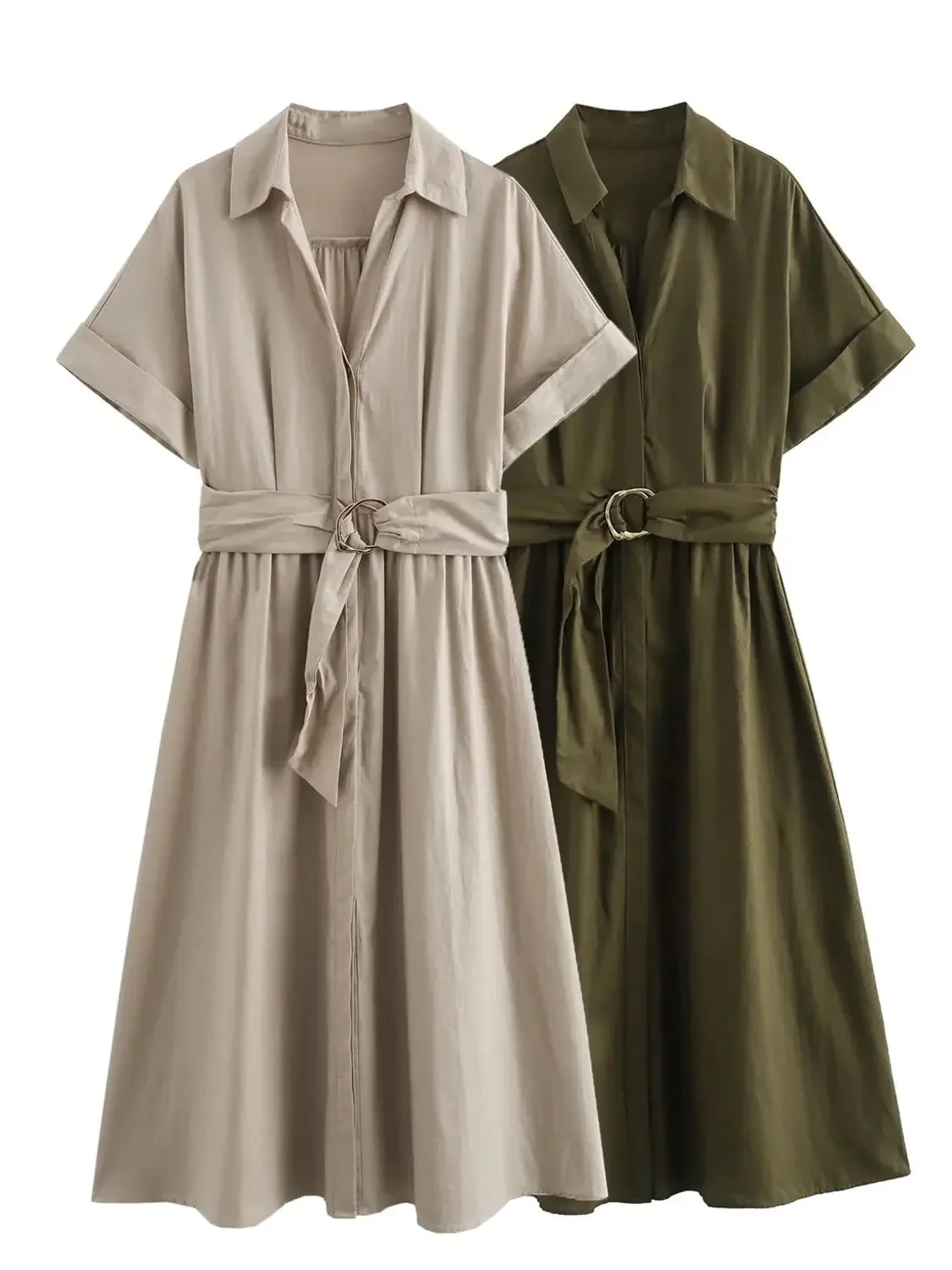 

2024 Women's Fashion Linen Blended Midi Shirt Dress Women Retro Lapel Short Sleeve Belt Female Chic Dresses