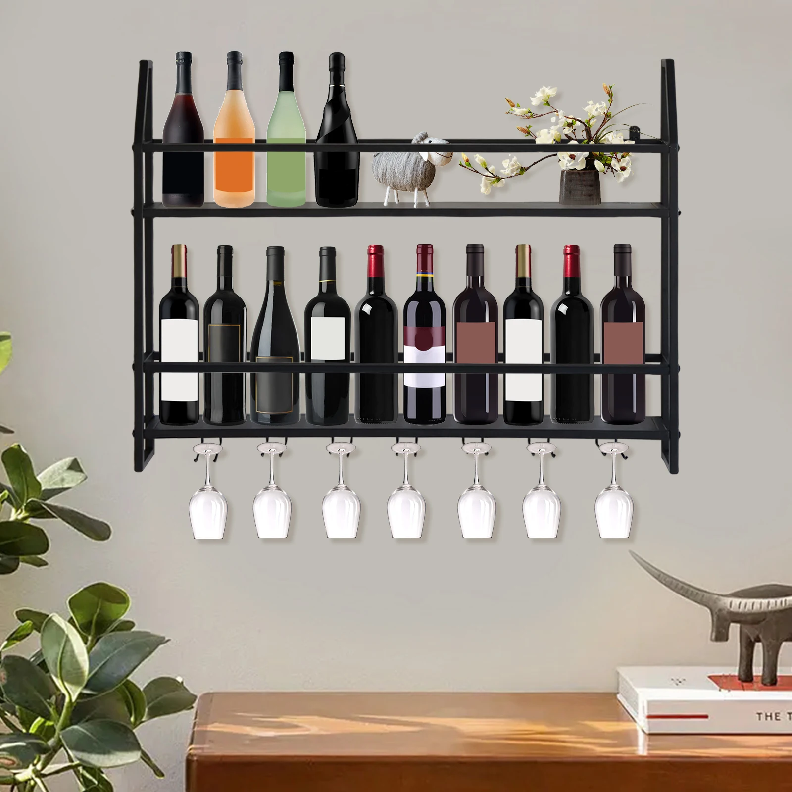 Wall-Mounted Wine Glass Storage Rack Wine Rack Bottle Holder Bar Home Party Shelf for 20 Bottles & 7 Goblets Decor