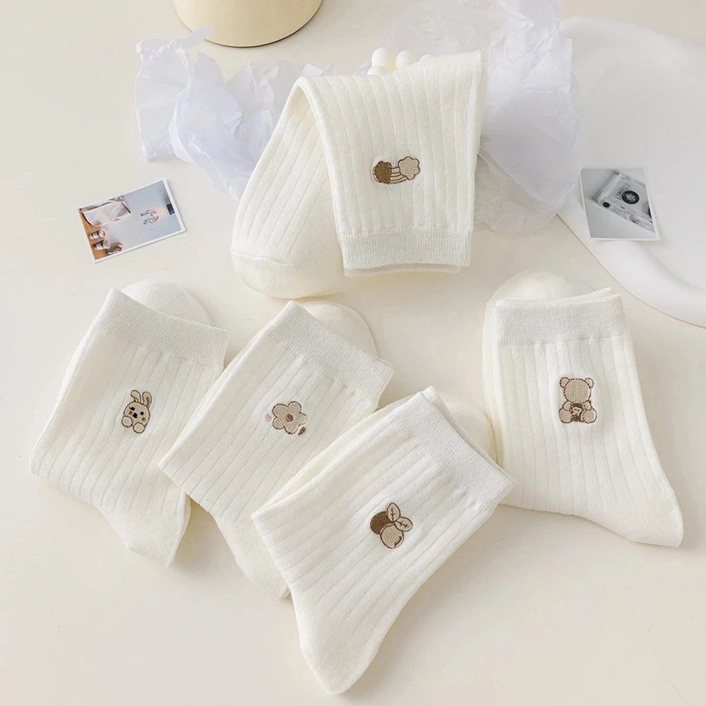 Round neck socks 5 Pairs Women's Round Neck Socks Autumn Winter Cute Cartoon Breathable Fashion Soft Medium Tube Aocks