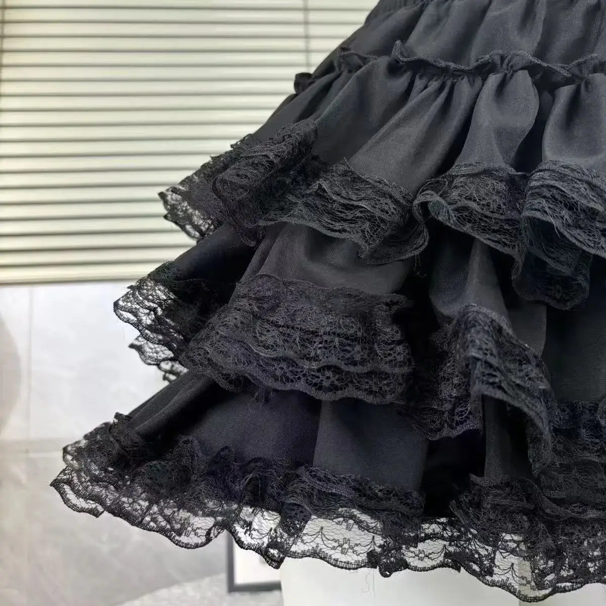 Black Lace Trim Layered Ruffle Mini Skirt Women Gothic Lolita Satin Bow Decor Elastic Waist A-line Short Skirt for Teens 2026 - Image 3