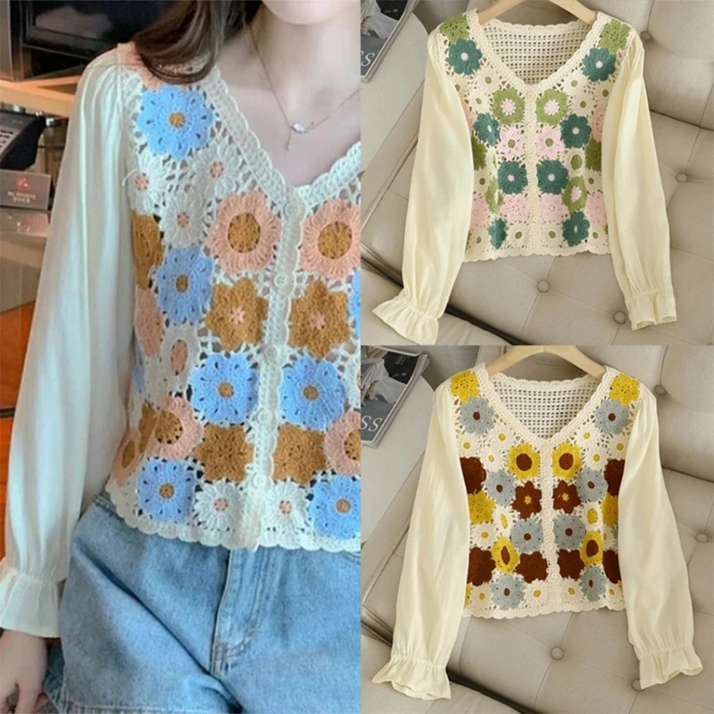 

Woman Knitted Crop Tops Vintage Long Puff Sleeve Knitwear Tops Patchwork Cardigans Crochet Blouse Short Tops Street Wear