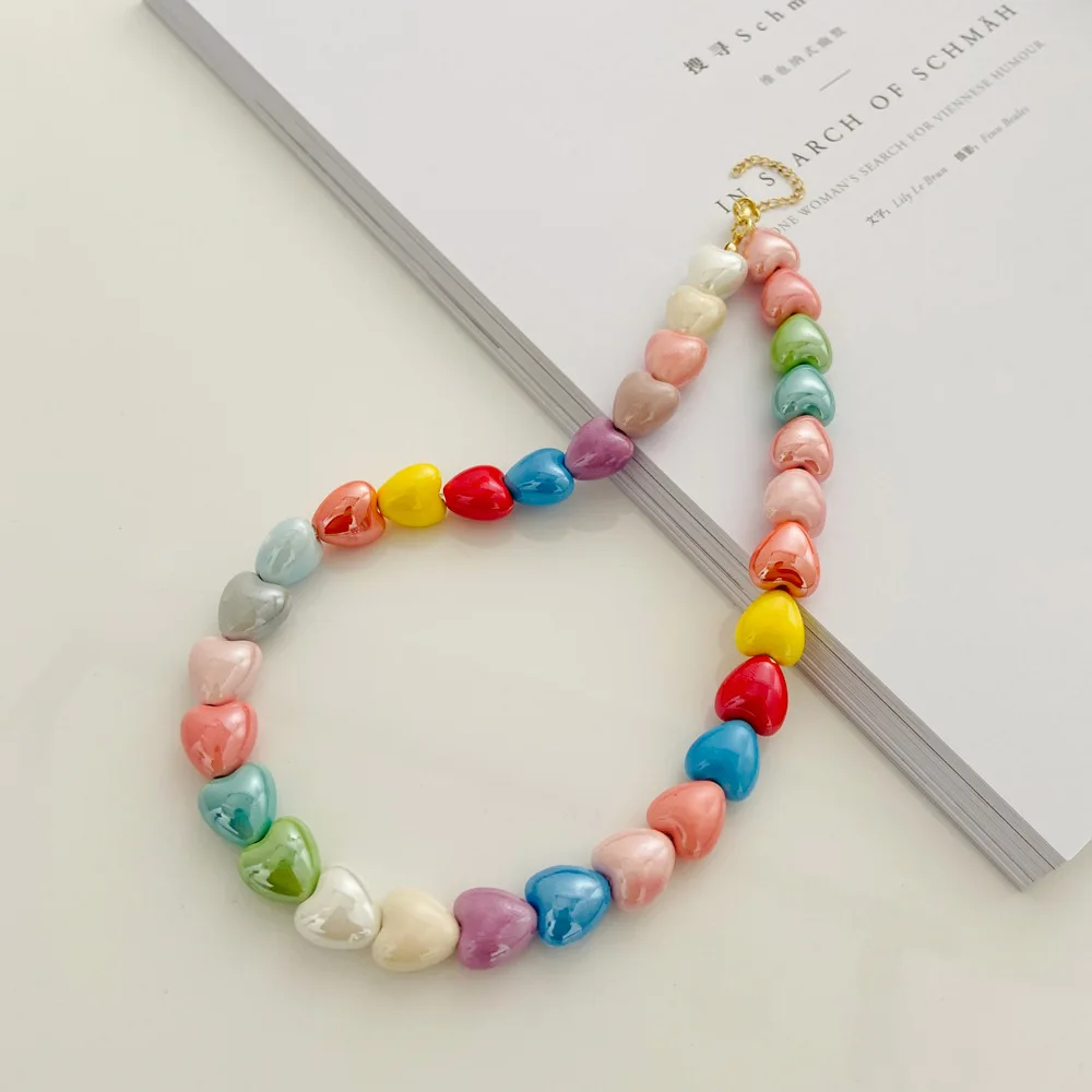 Ceramic Color Love Splicing Necklace Fashionable Girl's Heart Niche Design Peach Heart Clavicle Chain Gothic Choker New 2022