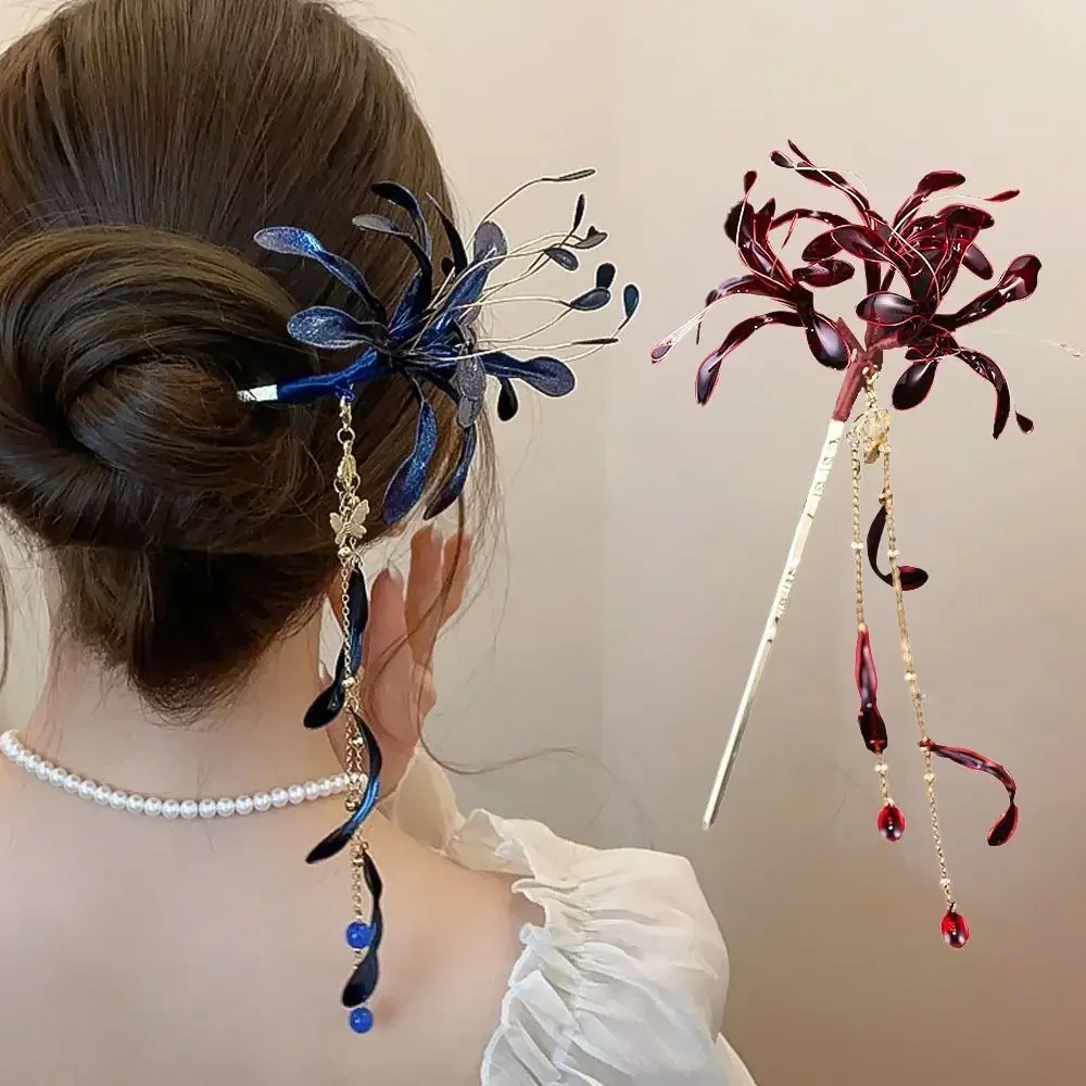 Chinese Style Spider Lily Flower Hair Sticks Super Fairy Vintage Dripping Oil Tassel Hairpins Wedding Hanfu Chopsticks