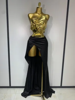 2025 New Arrival Women Gold Color Sexy Laced-up Tops 2 Pieces Set Long Dress Celebrate Evening Party Celebrity Elegant Dress 1