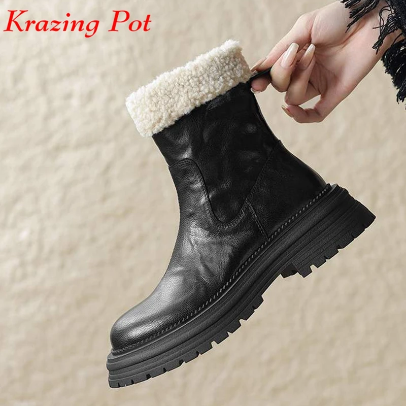 

Krazing Pot Wool Sheep Leather Round Toe Winter Keep Warm Western Boots Med Heels Zipper Platform Rock Punk Design Ankle Boots