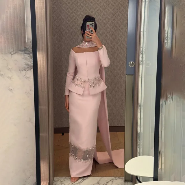 Formal Evening Dress Off The Shoulder Long Sleeves Pink Party Dresses for Women 2025 Crystal Straight Prom Gowns Customized 1