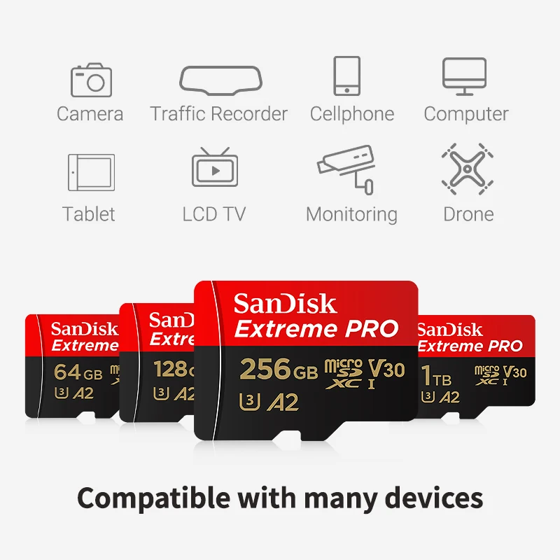 샌디스크 익스트림 프로 microSD 카드 UHS-I A2 U3 V30 200MB/s 32GB 64GB 128GB 256GB 512GB 1TB 4K UHD TF 메모리 카드 (카메라, 드론용)