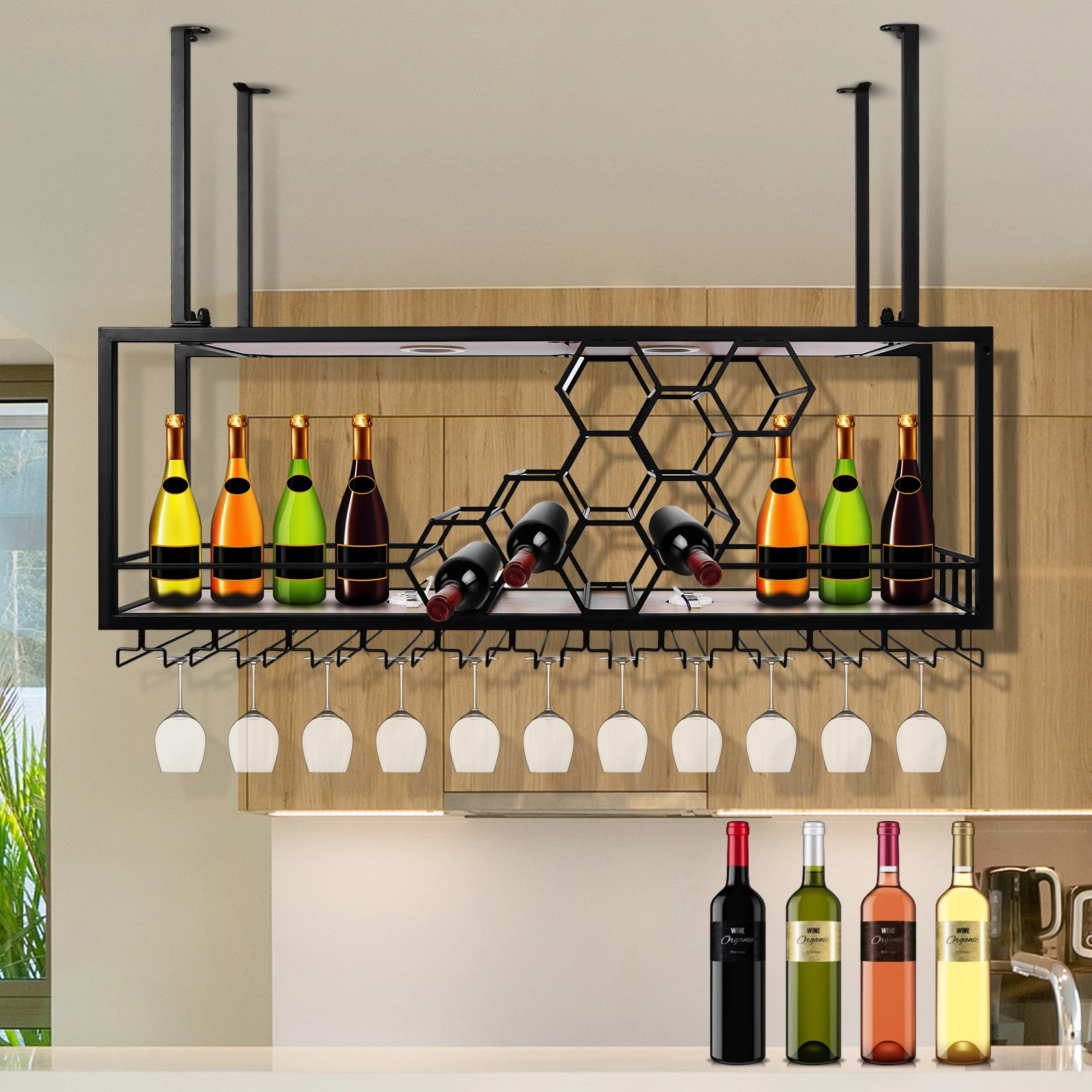 Metal Hanging Wine Rack with Honeycomb Design for Kitchen