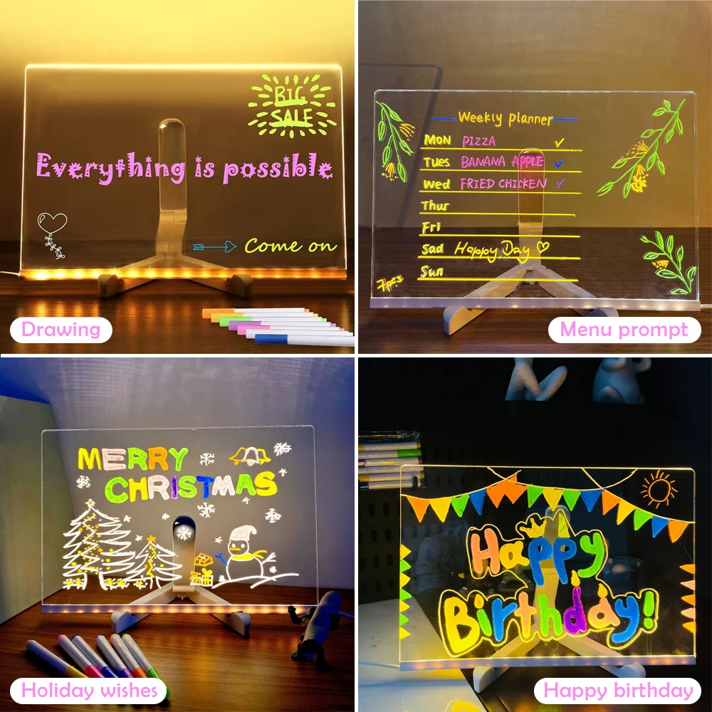 LED Note Board With Night Light Colorful 7 Pens DIY Acrylic Message Board Children‘s Drawing Board For Kids Birthday Gift 6