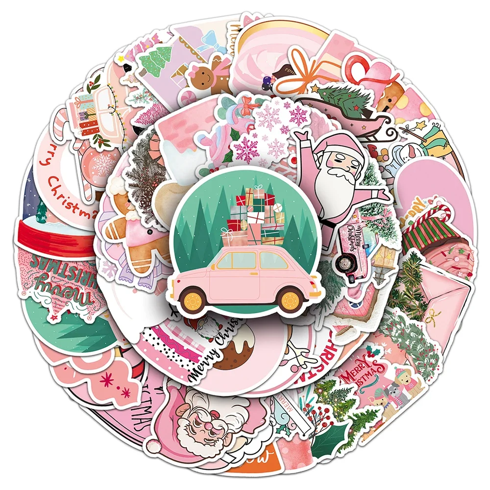 50PCS 핑크 크리스마스 귀여운 산타 클로스 스티커 귀여운 장난감 데칼 장식 DIY 전화 냉장고 가방 스케이트 보드 자전거 선물