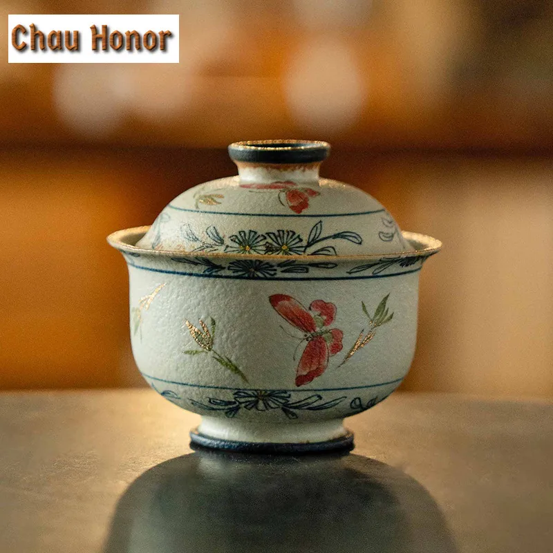 100ml Blue And White Flint Red Gaiwan Handmade Gold Drawing Butterfly Orchid Tea Tureen Tea Making Cover Bowl Tea Items Ornament