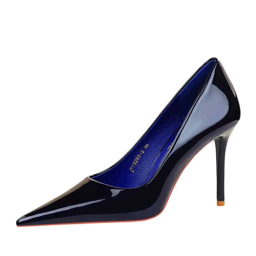 

9.5cm High Heels Patent Leather Pointed Blue Heels Black Shoes For Women Pumps