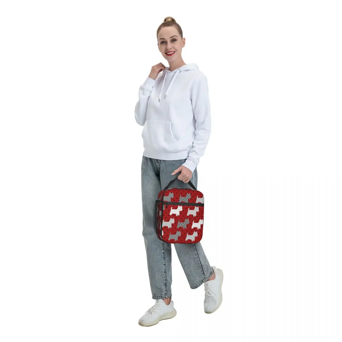 Westies Polka Dot Cartoon Thermal Insulated Lunch Bag West Highland White Terrier Dog Portable Lunch Container Storage Food Box