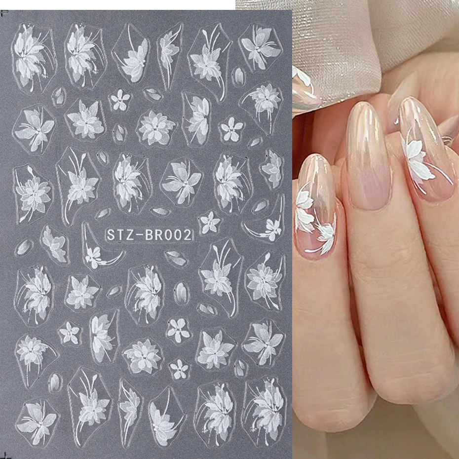 3D White Flower Nail Art Stickers Cute Floral Adhesive Sliders Acrylic Decoration Decals DIY Nail Charms Adhesive Accessories 4