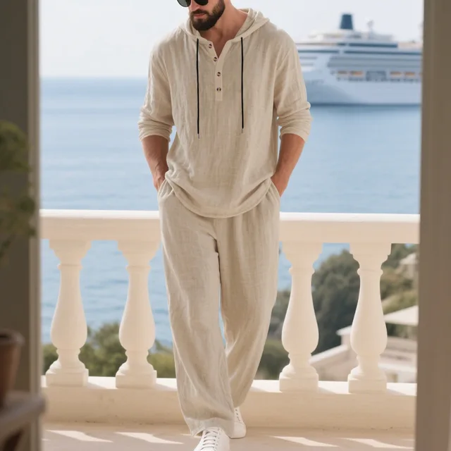 Nouvel ensemble pull à capuche en lin pour homme - coupe ample, chemise décontractée confortable à manches longues et pantalon large - tenue de plage estivale 1