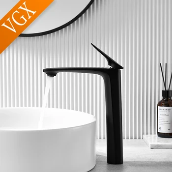 VGX หรูหราก๊อกน้ําห้องน้ําสูงอ่างล้างหน้าสูงก๊อกน้ําอ่างล้างจาน Gourmet อ่างล้างหน้า Tapware ร้อนน้ําเย็นแตะทองเหลือง Chrome สีดํา 2
