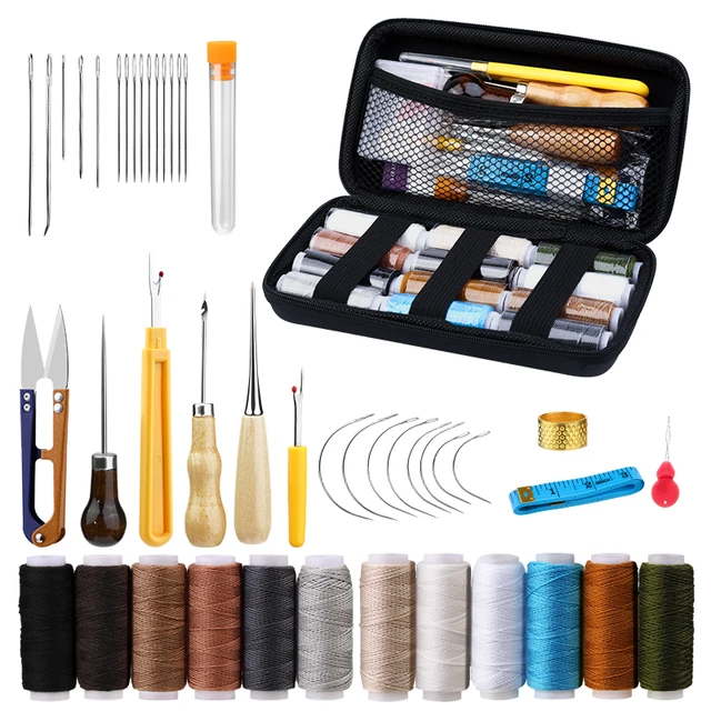 Leather Sewing Upholstery Repair Kit with Sewing Awl Seam Ripper Leather Hand Sewing Stitching Needles Sewing Thread Leather Craft Tool Kit for