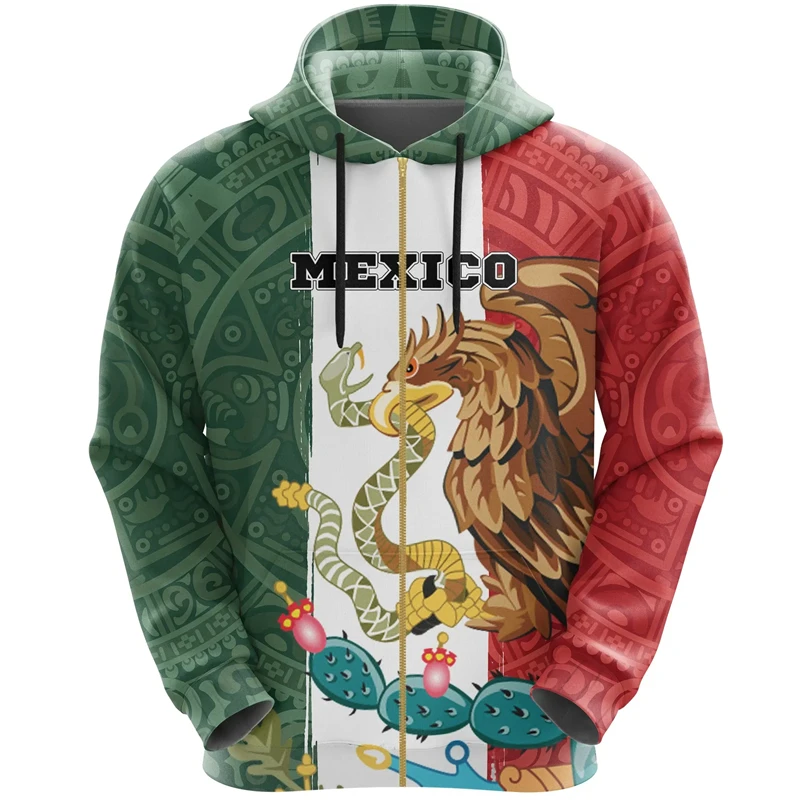 Sudadera con capucha y cremallera vintage para hombre, con estampado de bandera mexicana, moda urbana, manga larga, jerséis holgados de gran tamaño 2024