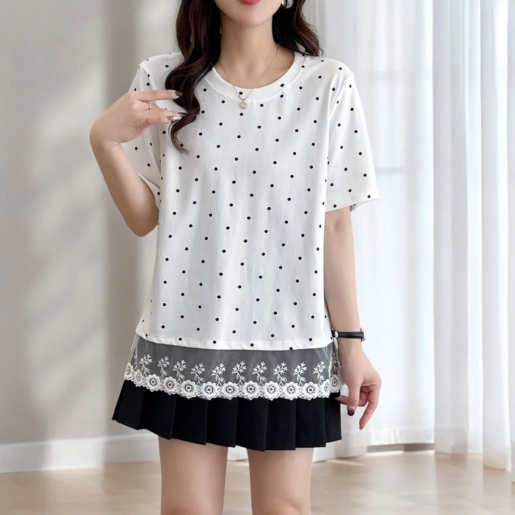 100kg Summer Top Temperament Casual Lace Hem Splicing Polka Dot Short Sleeve Tees Plus Size T-shirt Woman 2505