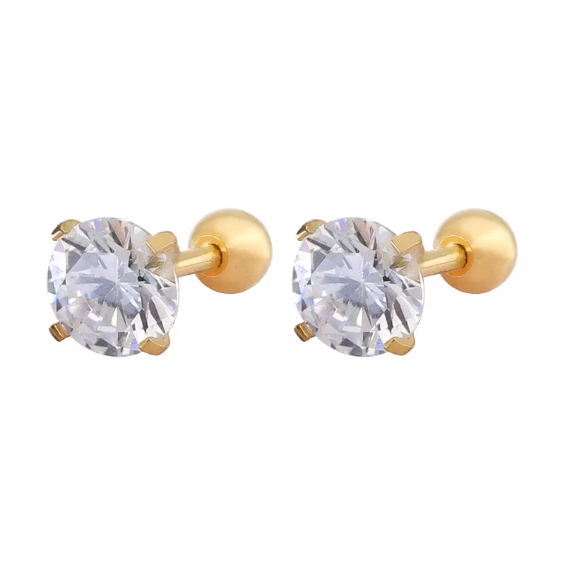 316l Roestvrijstalen Schroef-Back Zirkoon Stud Oorbellen 2Mm Tot 8Mm Klassieke Stijl Gouden Ip Plating Geen Gemakkelijke Fade Allergie Gratis