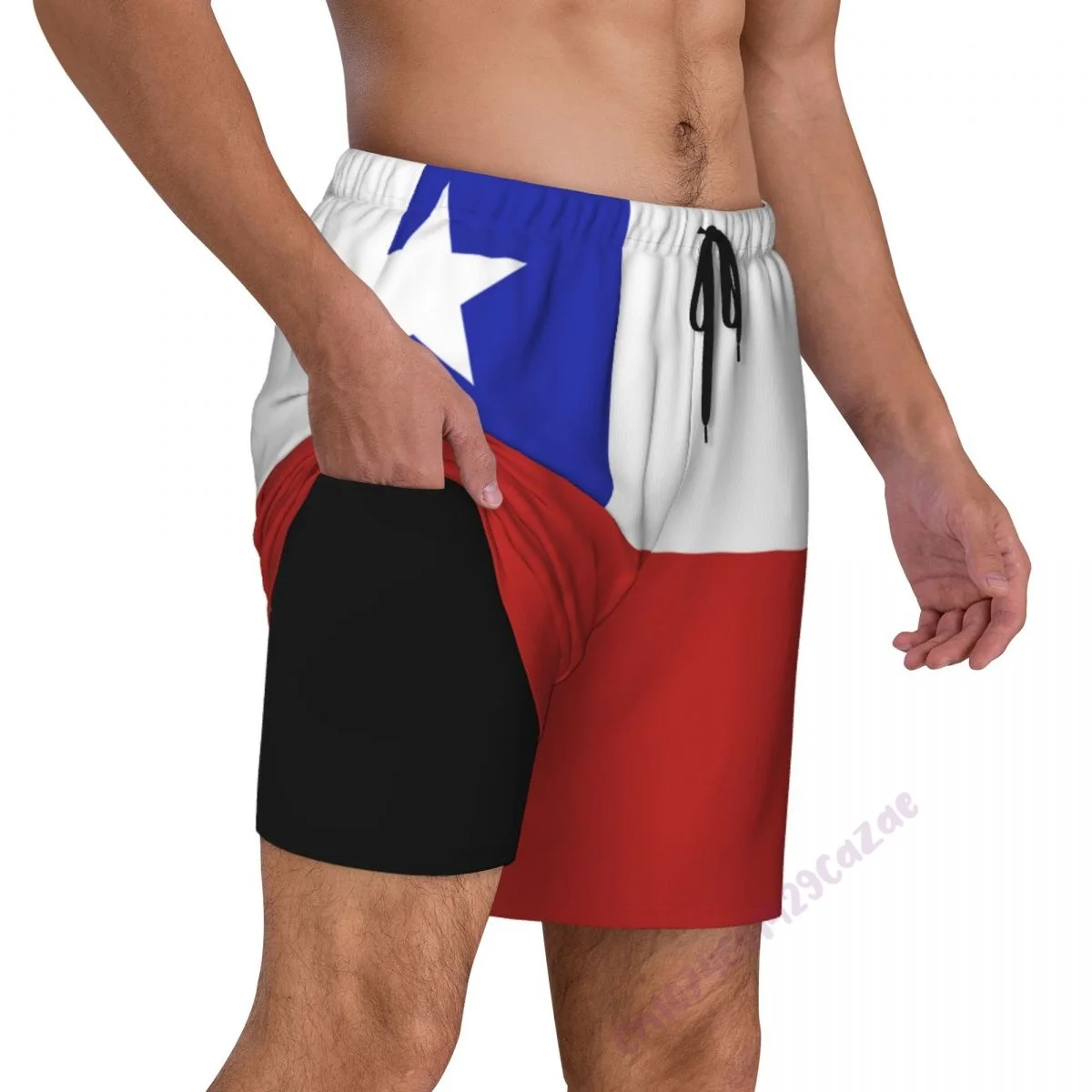 

Chile Flag 3D Mens Swimming Trunks With Compression Liner 2 in 1 Quick-Dry Summer Swim Shorts With Pockets