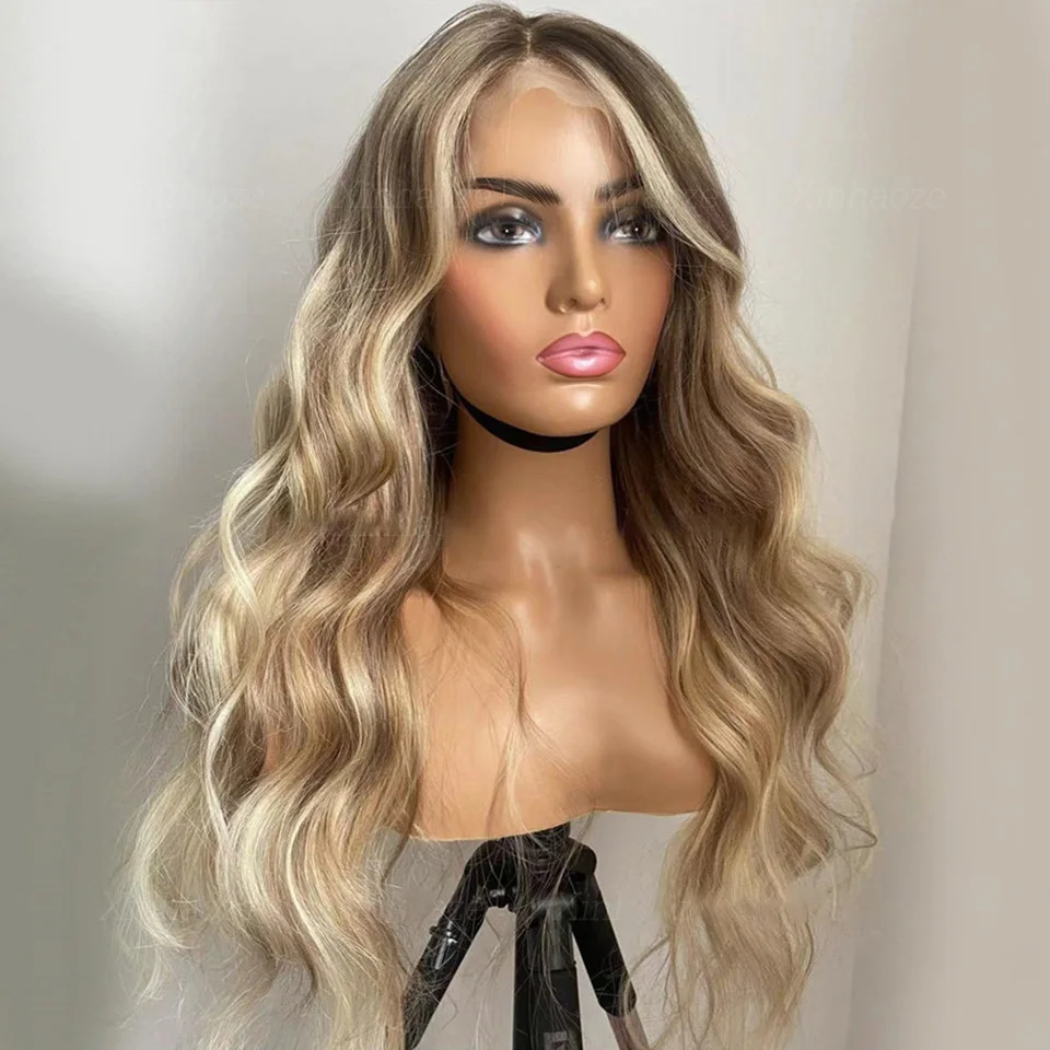 

Soft 26 inch Long Ombre Highlight Blonde Wave European Virgin Human Hair Jewish Wig 13x4 Lace Front Kosher Sheitel Wigs For Wome