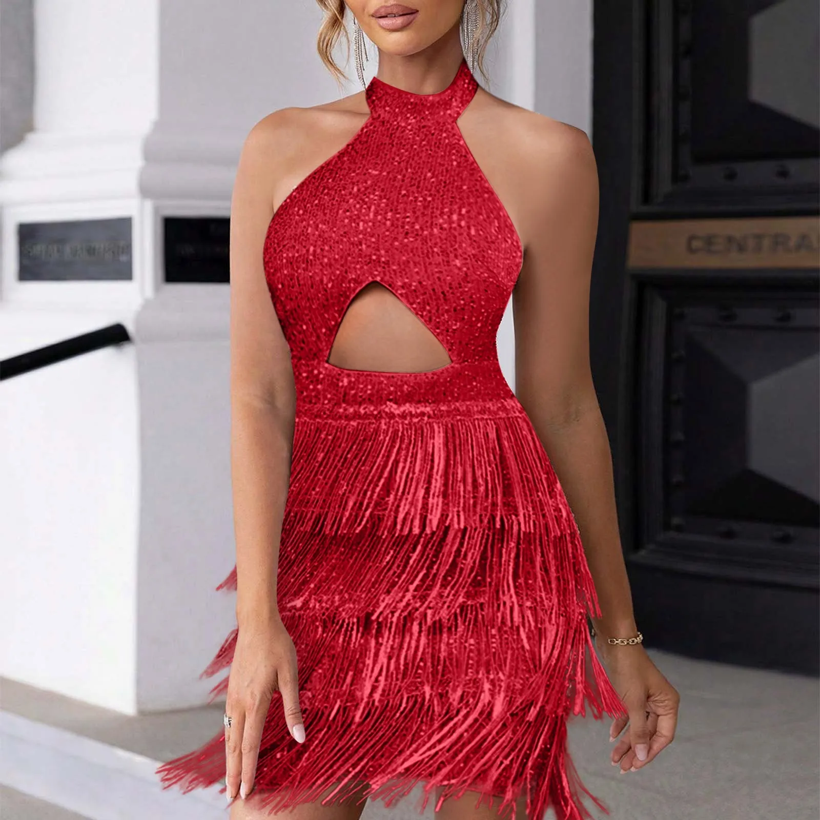 

Sexy Beaded Sleeveless Halter Women'S Dress Belly Button Sequin Fringe Female Elegant Formal Dresses Cocktail Party Vestidos