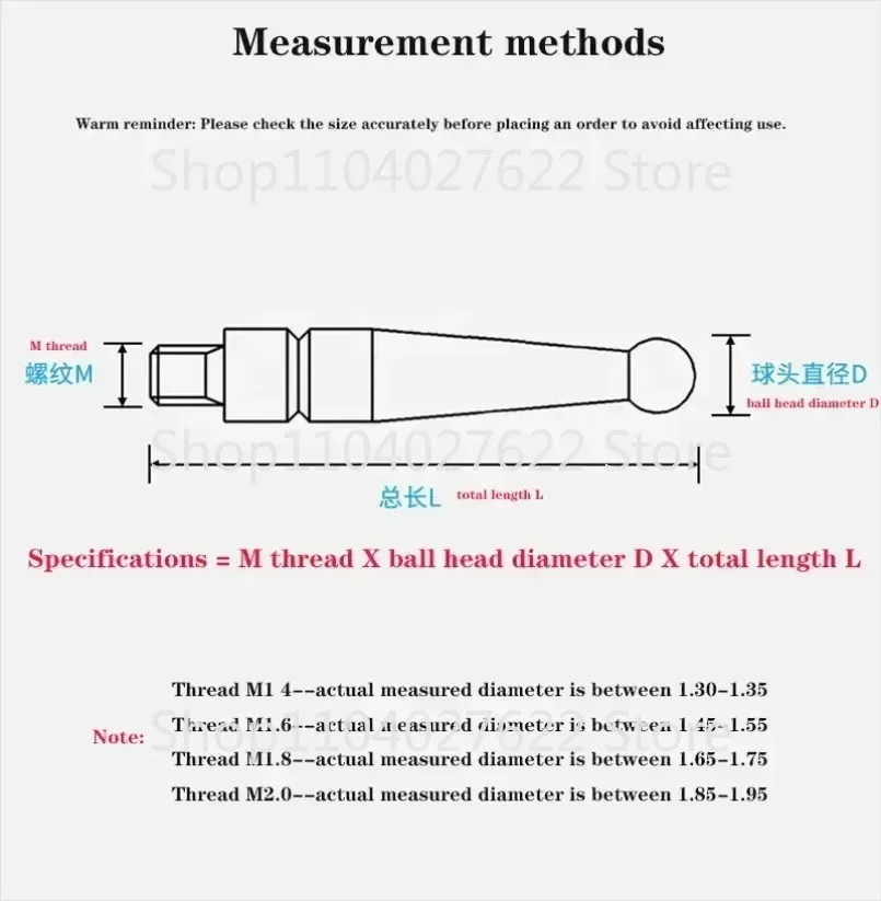 M1.4 M1.6 M1.8 M2 Thread 2mm Head OD 15mm /44.5mm Length Ruby Head Pin Gauge Micrometer Tip Lever Dial Test Indicator Probe