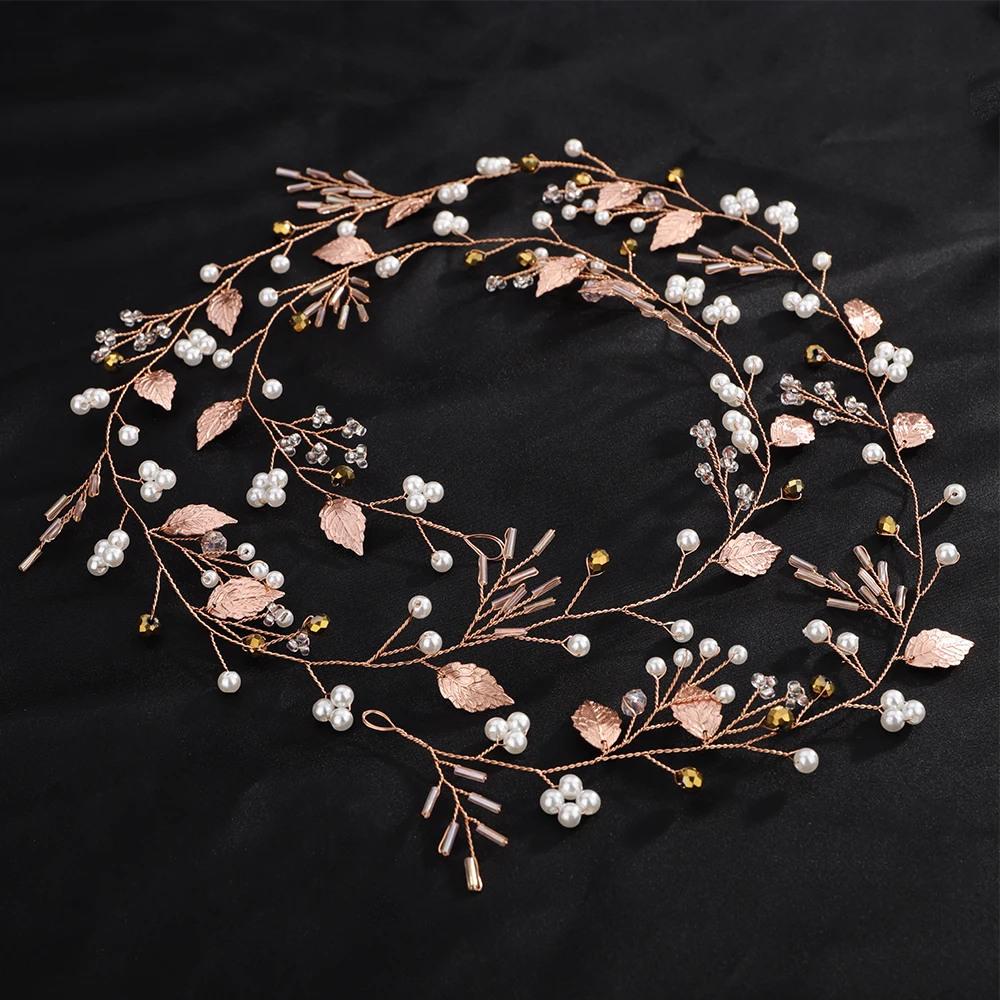 Pearl Crystal Bridal Headband Vine Women Handmade Rose Gold Wedding Hair Accessories Party Leaf Bride Head Jewelry Headpiece