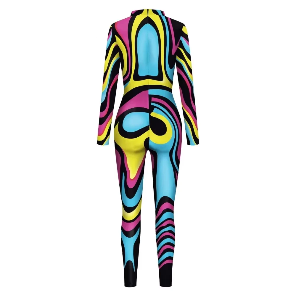 Artistic Colorful Halloween Rainbow Bodysuit Clothing Adult Women Printed Purim Cosplay Costume Long Sleeve Sexy Bodysuit Set