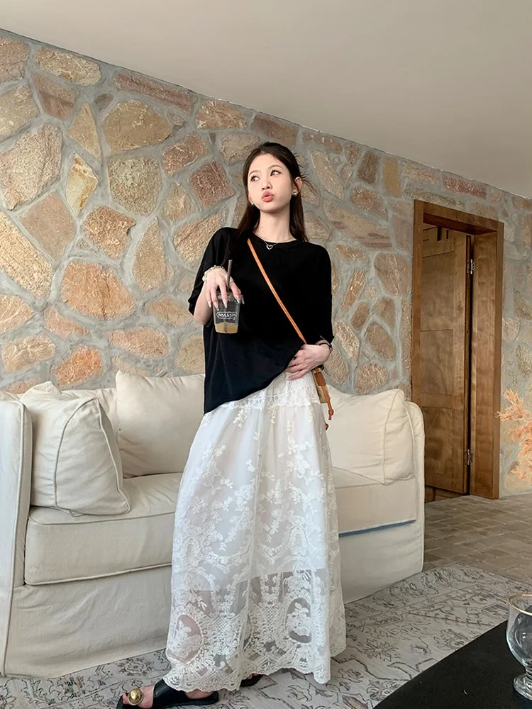 ADAgirl White Lace Tulle Skirts Hollow Out Elastic Waist Casual Long Skirt for Women Vintage Loose A-line Fashion Lady Clothing