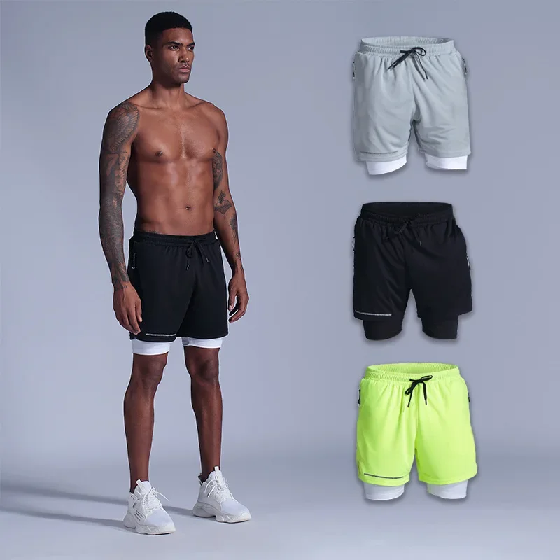 New Men's Sport Shorts Quick Dry Running Pants Double Layer Fitness Training Three-Quarter Length Marathon Competition Five-Quar