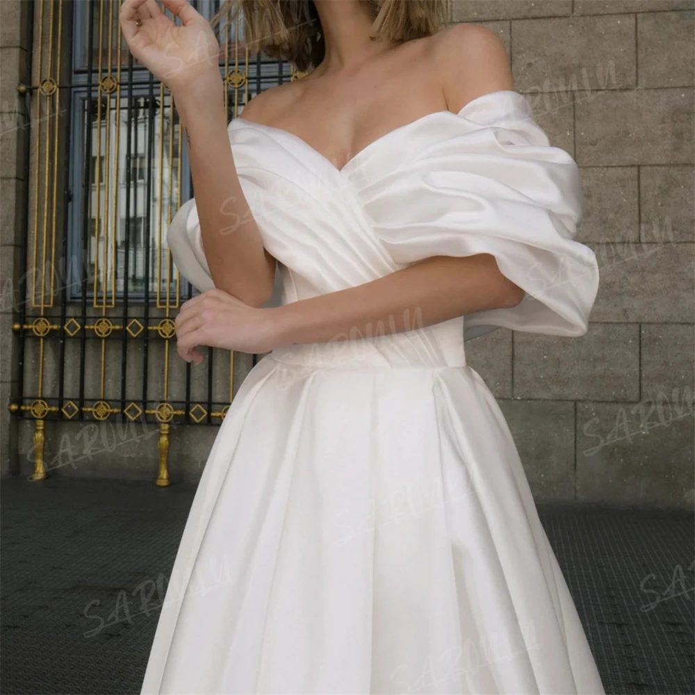 Romantic Satin Slit Wedding Dress Court Train Off The Shoulder Pleated Puff Sleeve Bridal Gown Bride Dresses Robe De Mariee 3