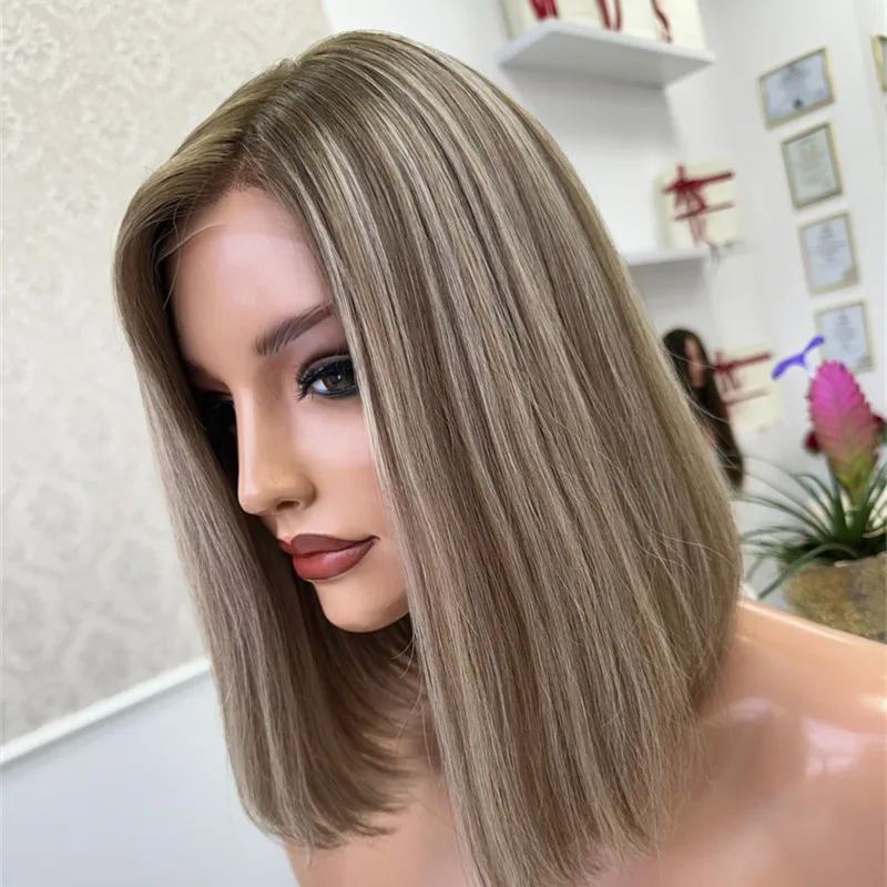 Glueless Short Bob Cut Ash Blonde Lace Frontal Wig Highlights Transparent HD Synthetic Hair Lace Front Wig Soft Straight Bob