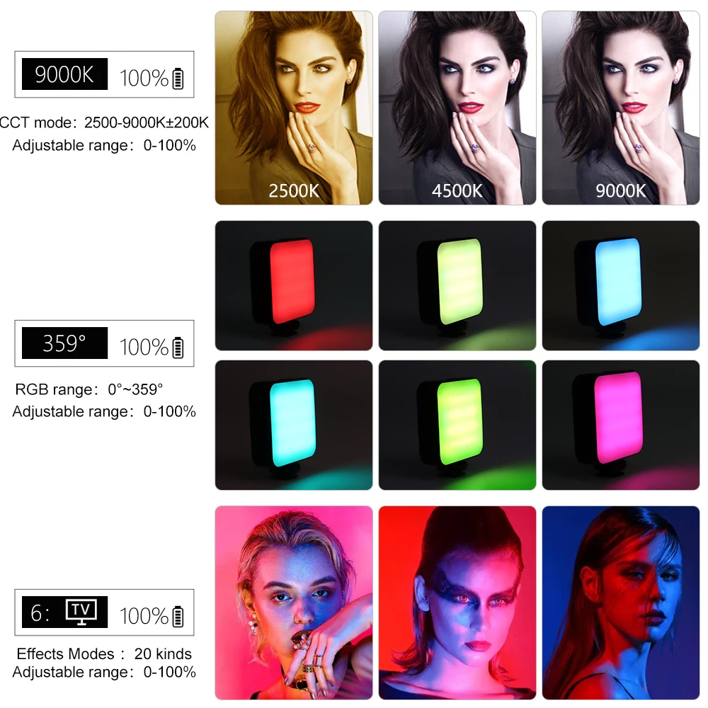 W64RGB 비디오 라이트 휴대용 사진 카메라, 2500K-9000K 조명, 콜드 슈, 카메라 폰 셀카 라이브용 20 색 조정