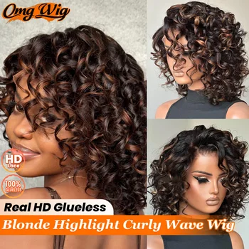 7x5 HD Lace Wear & Go Blonde Highlight Curly Human Hair Wig 4X4/5X5 HD Glueless Lace Short Bob Bouncy Loose Curly Wig For  Women