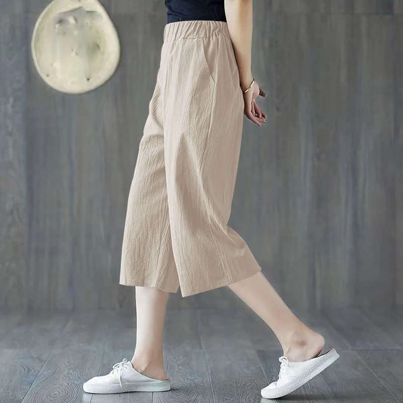 Fashion Elastic Solid Color Pockets All-match High Waist Pants Women's Clothing 2024 Summer New Loose Commuter Capri Pants