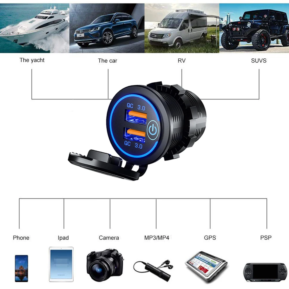 Car Charger Car Phone Charger Quick Charge 3.0 Dual USB Fast Car Charger Waterproof 12V/24V QC3.0 Power Outlet with Touch Switch&Led Light