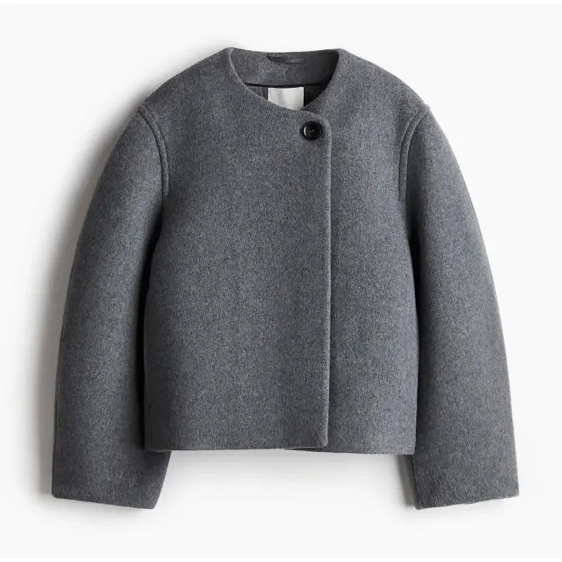 Elegant Solid Woolen Blend Jacket For Women Fashion Button O-neck Long Sleeve Coat New Autumn Winter Commute Warm Outwear