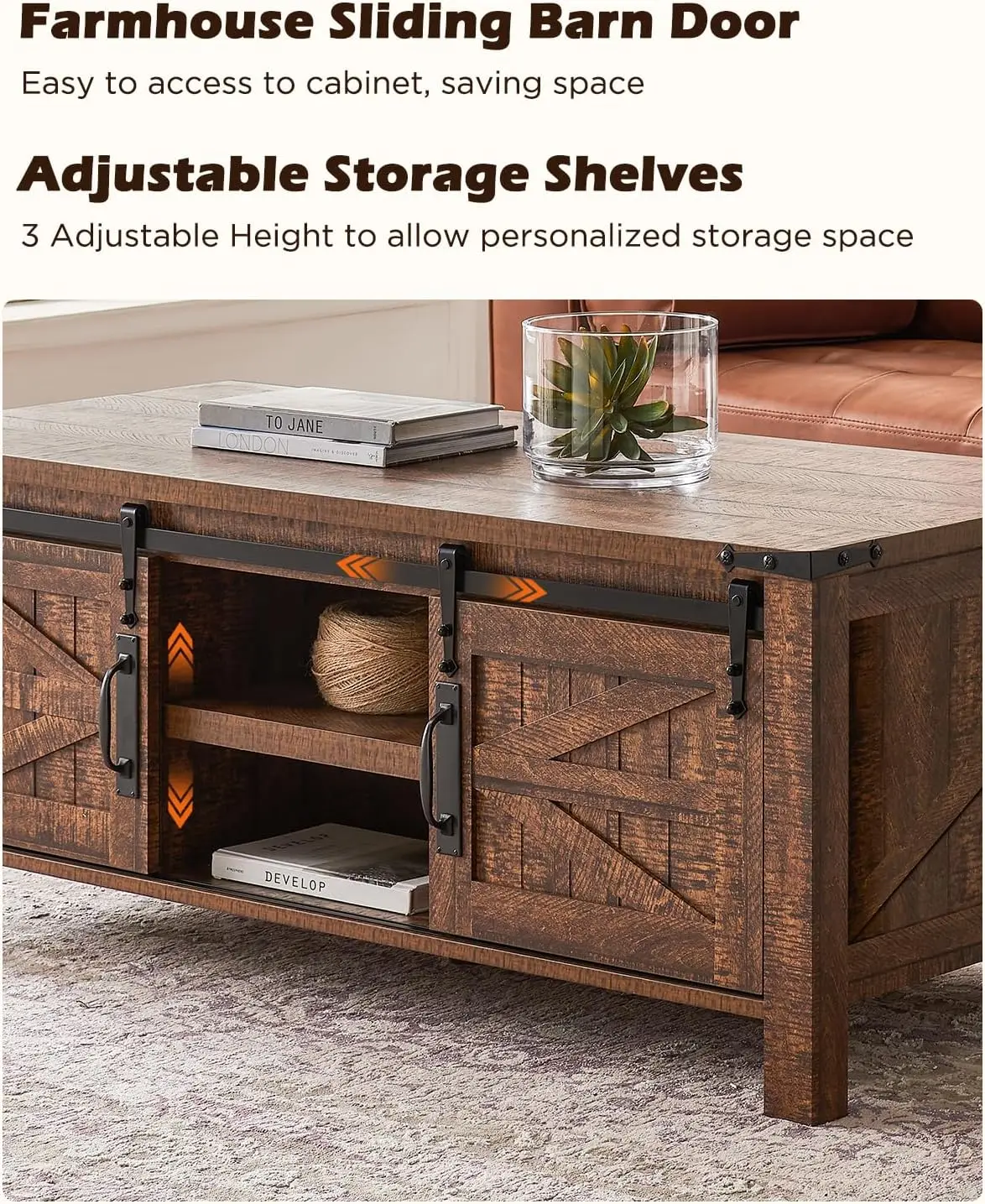 48" Farmhouse Lift Top Coffee Table with Sliding Barn Door,Rustic Center Table with Hidden Storage Compartment 5